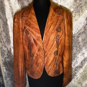 Michael Kors Cognac Leather Embellished Moto Jacket